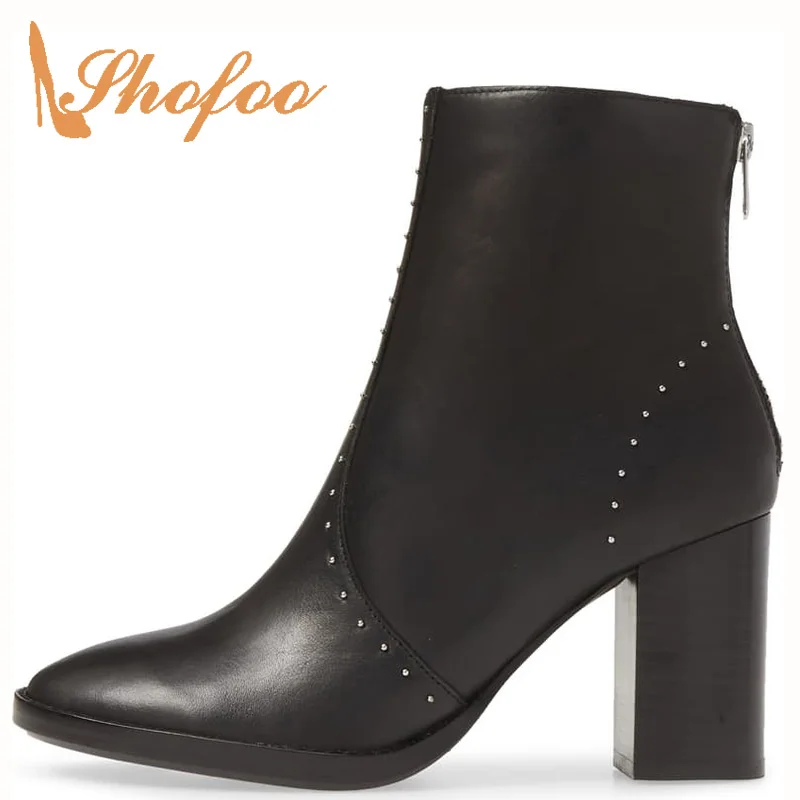 

Rivets Black Vegan Basic Woman Short Ankle Boots Zipper Super High Square Heel Pointed Toe Mature 2021 Lady Shoes Large Size 15