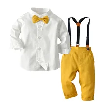 Одежда для маленьких мальчиков костюм джентльмена с галстуком-бабочкой Однотонная рубашка Топы+ штаны на подтяжках, одежда Детский костюм для мальчиков, наряды