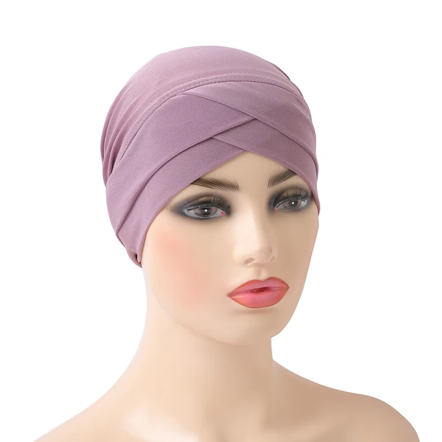 H117 High Quality Criss Cross Muslim Hijab Inner Hat Underscarf Pull On Islamic Scarf Turban Caps Full Headcover Women Headwrap dusty purple
