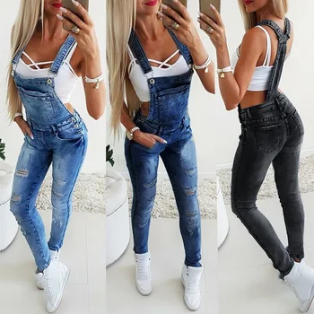 

2020 Women's Fashion Pocket Decor Ripped Denim Bib Overalls One Piece Skinny Leg Distressed Jeans Jumpsuits Spring Autumn Wear