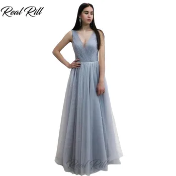 

Real Rill V-Neck Prom Dresses 2019 Lace Up Back Floor Length A-Line Gown Long Tulle Dress For Party