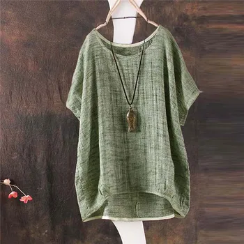 

2020 new loose summer linen shirt, female round neck, large sleeves bat sleeves