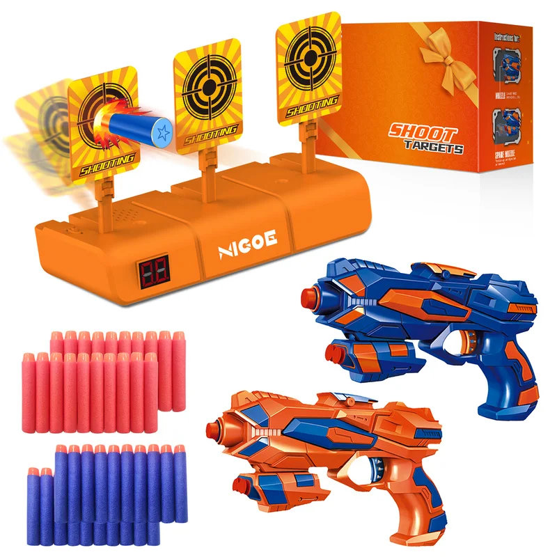 NIGOE-diana de disparo Digital electrónico para niños, con 2 pistolas de bláster, 40 dardos de espuma con recarga de espuma, reinicio automático, juguetes para niños