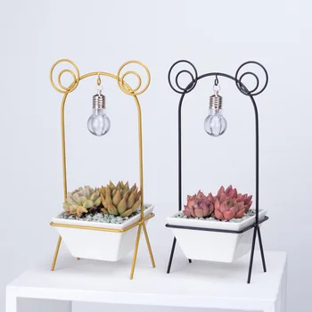 

2PCS Succulent Plant Flowerpot Iron Bulb Rack Flowerpot Ceramic Succulent Flowerpot Creative Iron Stand Planter for Store Dorm H