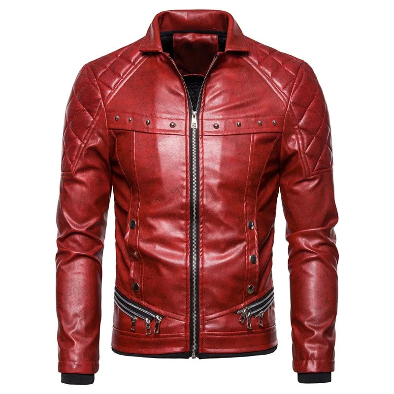 KIOVNO Men Punk Zipper Leather Jackets Coats With Rivet Motorcycle Warm Leather Jackets Outwear For Male Detachable Fur Collar (13)