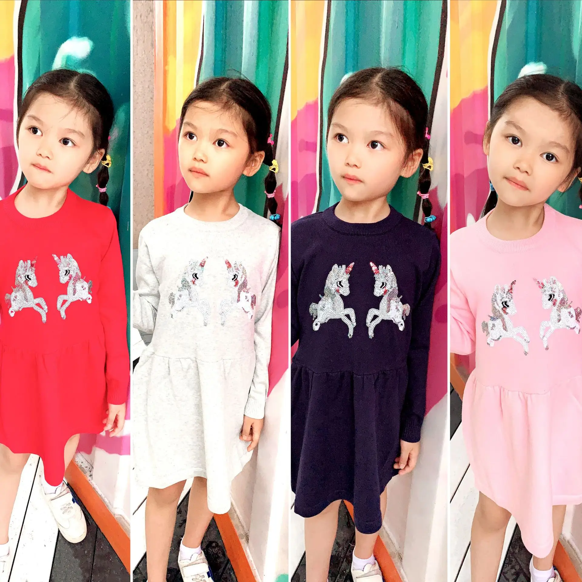 

2019 Autumn 3-8-Year-Old Girls New Style Sequin Cartoon Unicorn Jersey Dress Cute bai da qun