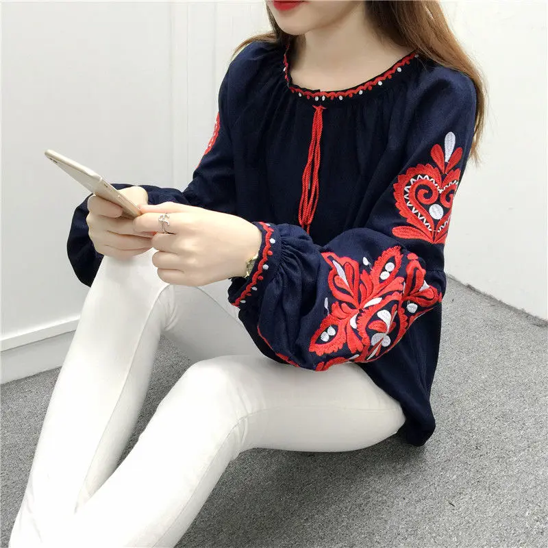 Хлопковые льняные Boho вышитые блузки летние женские блузки с длинным рукавом белые синие Черные офисные Лолиты блузки WF328