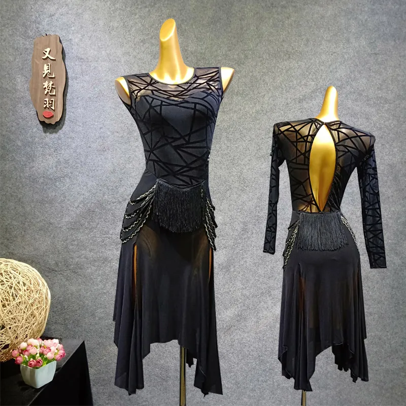 

2019 Year YJFY Brand New Black Dance Latin Dress Mesh Patchwork Open Back Sexy lamengo Tango Dress Rumba/ChaCha Black Latin