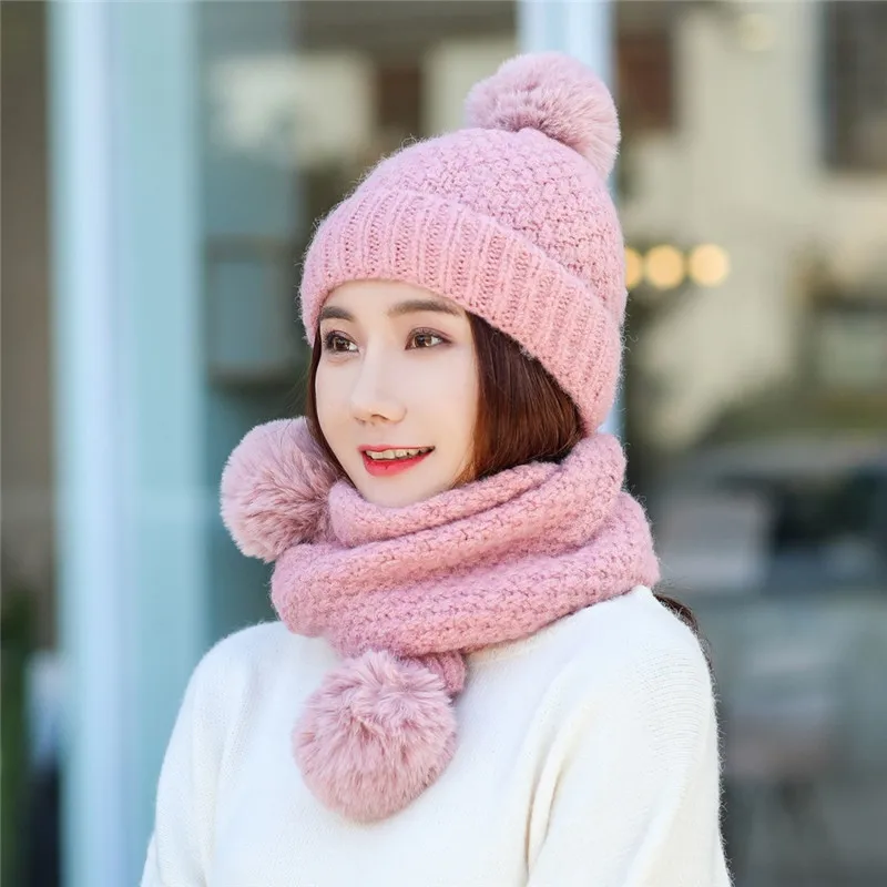 pink Вязанная шерстяная шапка, набор, зимние женские шапки и шарф, подарок для девочки, теплый шарф и шапка, комплект из 2 предметов, бини и длинный шарф - Цвет: pink