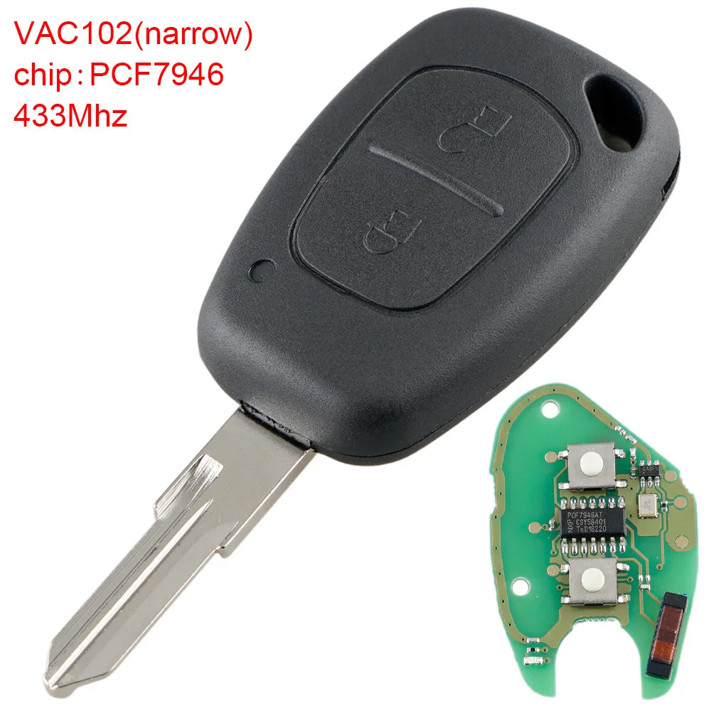 

433Mhz 2 Buttons Remote Car Key Fob with PCF7946 Chip and VAC102 Blade Fit for Renault