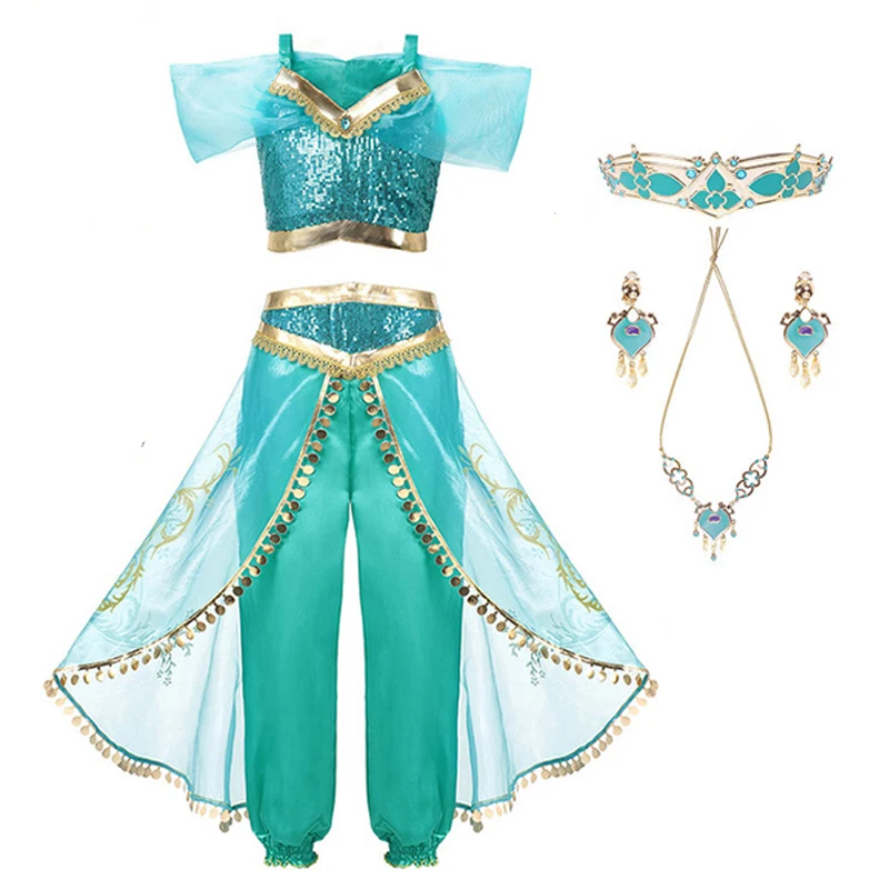 Jasmine Set-5 Детские костюмы «Аладдин и волшебная лампа», «Принцесса Жасмин», комплект с топом и штанами, повязка на голову для девочки, платье для дня рождения «Жасмин», косплей - Цвет: Jasmine Set-5