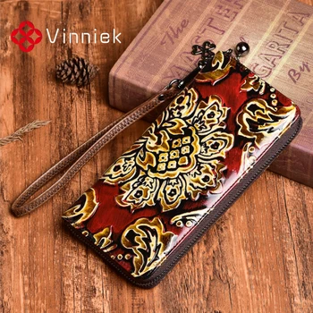 

2020 Genuine Leather Embossed Women Wallet Vintage Long Cowhide Multiple Cards Holder Female Purse Standard Wallets Daily Clutch