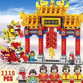 

City street view Chinatown Chinese culture and art Memorial archway lion dance perform building block dancer figures bricks toys