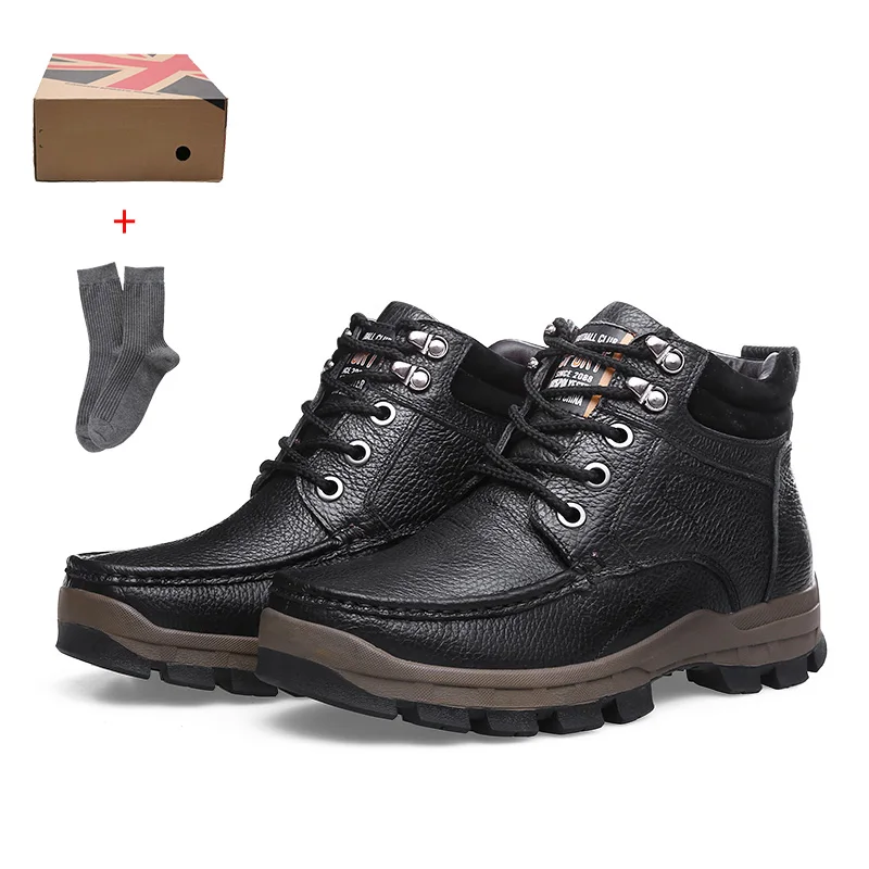 Мужская обувь; мужские ботинки; теплые зимние ботинки из натуральной кожи; Плюшевые повседневные мужские ботинки в байкерском стиле; botas hombre; зимние рабочие ботинки; большие размеры - Цвет: Box black