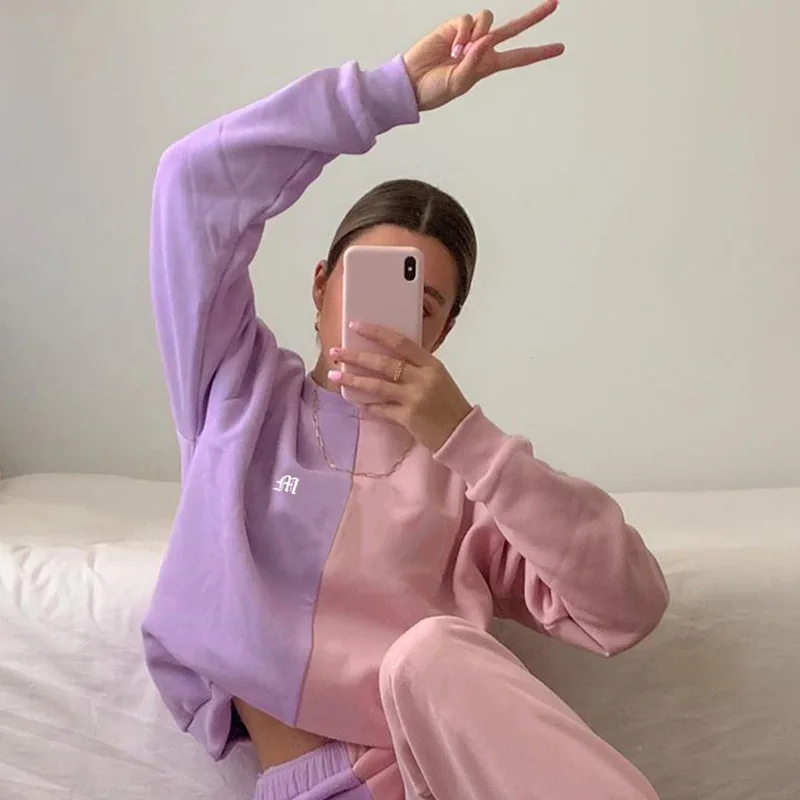 

Summer Women's 2020 New Hipster Contrasting Color Stitching Lettered Embroidered Sweater Casual Loose Sweater Pants