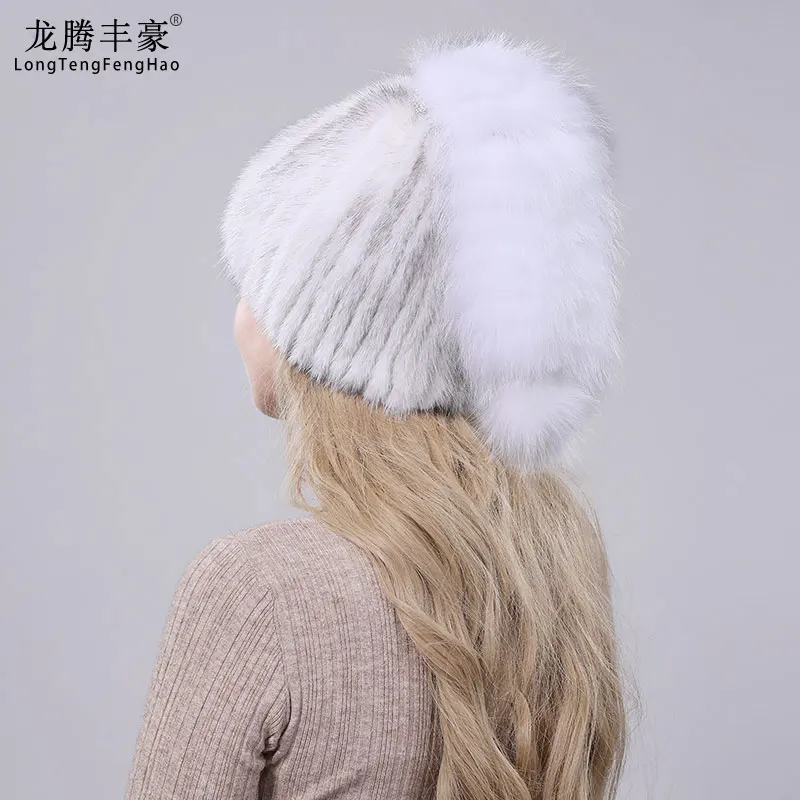 Новая зимняя женская шапка из натурального меха норки с лисьим хвостом женская черная белая шапка из натурального меха эластичная вязаная шерстяная подкладка шапка
