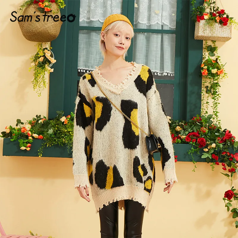  Samstree Leopard Print Casual Loose Sweater Women Clothing 2019 Autumn Korean Oversize Leisure Offi