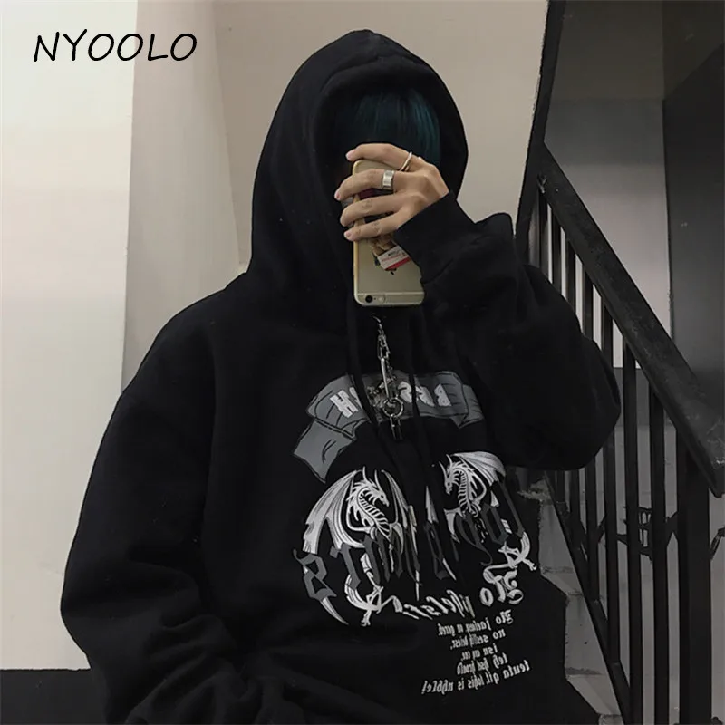 NYOOLO, Ретро стиль, уличная одежда, летающий дракон, с буквенным принтом, толстовки, Осень-зима, плюс бархат, теплый пуловер, толстовка с капюшоном для женщин и мужчин