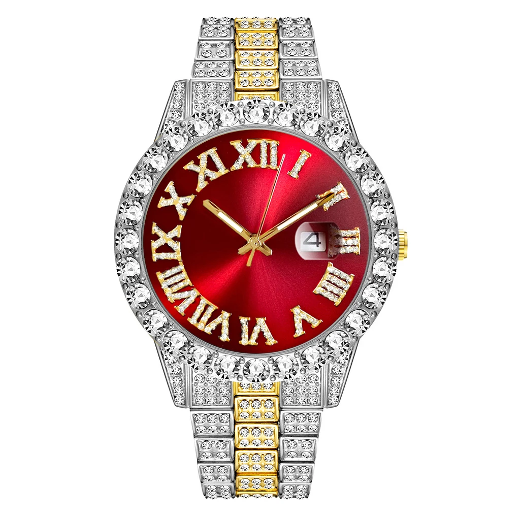 2 Pcs Watch+bracelet Hip Hop Stainless Steel Gold Color Calendar Watch For Men Iced Out Paved Rhinestones Men Watch Reloj Hombre 