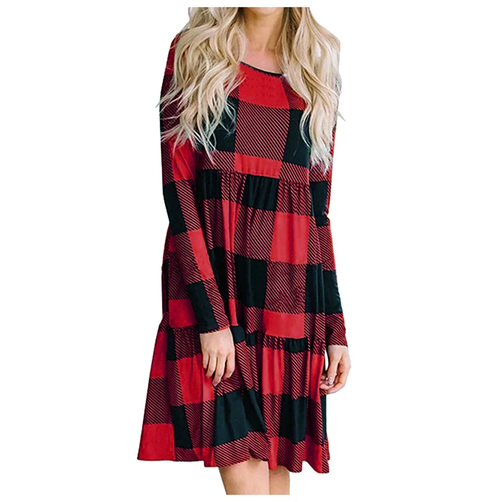Vestidos ropa mujer, зимние женские клетчатые осенние повседневные свободные винтажные Лоскутные рождественские платья с длинным рукавом, женские вечерние платья