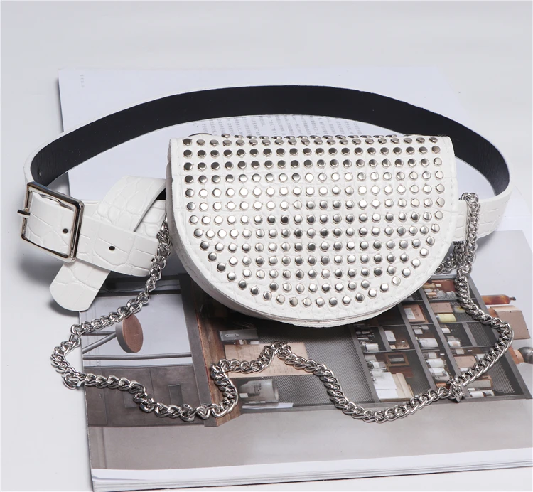 Женская мода blingbling Шипованная поясная сумка ремень сексуальный клуб PU+ ремень с цепочкой панк дизайнерские ремни Новинка черный белый серый зеленый