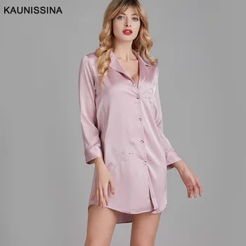 

Women Silk Nightdress Lingerie Nightwear Long Sleeve Sleepshirts Nightgowns Female Button Turn-Down Collar Sexy Home Sleep Dress