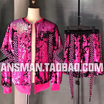 

New hip-hop hip-hop pink sequin jacket personality ribbon hip-hop baseball uniform jacket singer performance costume