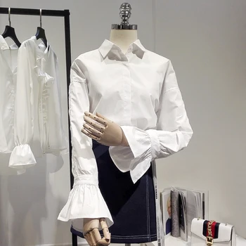 

2020 summer new women shirts v-neck turn-down collar flare sleeved office lady white shirts outwear coat tops