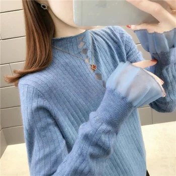 

2019 autumn and winter round collar net yarn sleeve women sweater