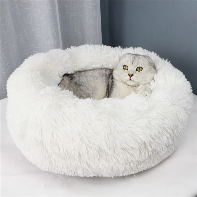 Fluffy Calming Cat Bed Autumn Winter Warm Sleeping Mat for Dog Soft Round Plush Donut Pet House Portable Comfortable Kitten Sofa | Дом и сад