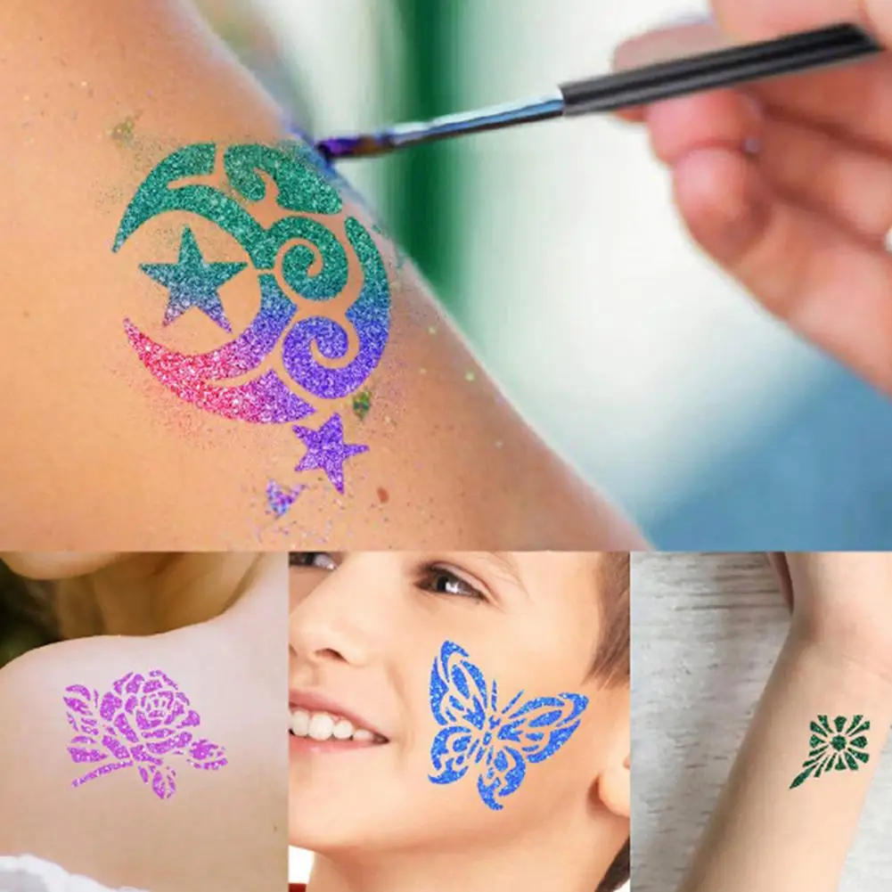 Pochoir de tatouage à paillettes, grande taille, unisexe, pour enfants,  modèle de dessin, fleur, papillon, peinture corporelle, aérographe, 24  styles - AliExpress