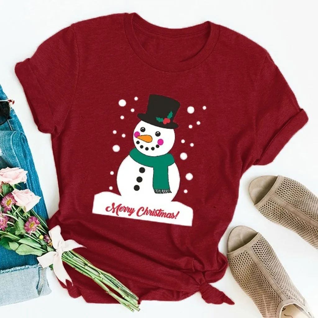 Женская футболка с изображением Санта-Клауса и снеговика, рождественские футболки с коротким рукавом размера плюс, женские рождественские вечерние футболки