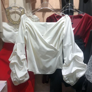 

2020 Spring New Korean Fashion Puff Sleeve Top V-neck Pullover Long Sleeve Shirt Women's Temperament Blouse Blusas Femme White