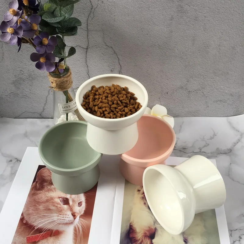 New Candy Color Cat Bowl High Foot Single Bowl Drinking Food Ceramic Pet Bowls Dog Bowls Cat Supplies Small Dogs Feeder