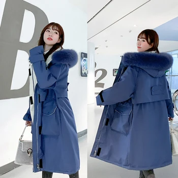 

New Autumn And Winter Women's Parka Coat Mid-length Thick Hooded Big Fur Collar Cold Wind Velcro Placket Coat Female Jacket