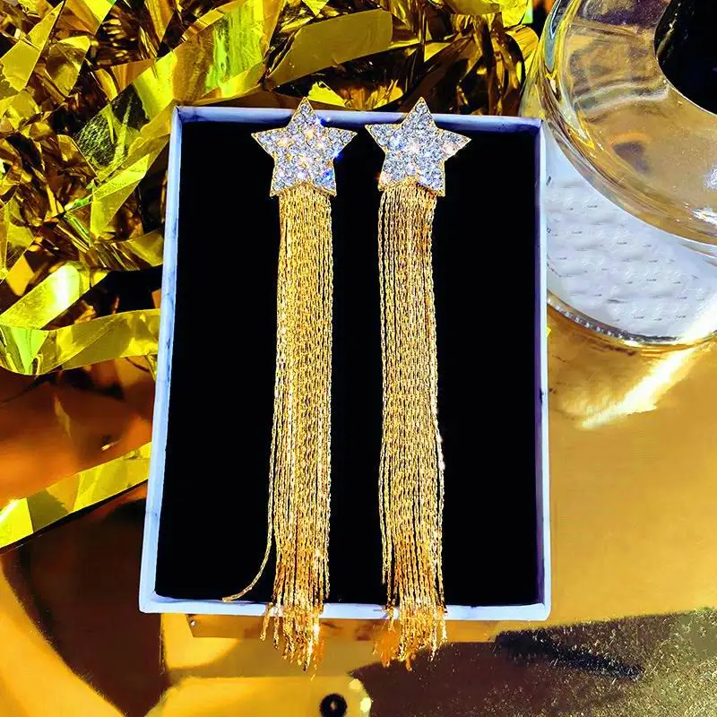 gold color 925 серебряные серьги в форме звезды с длинной кисточкой массивные длинные серьги со стразами модные ювелирные изделия бижутерия для свадьбы, вечеринки - Окраска металла: gold color