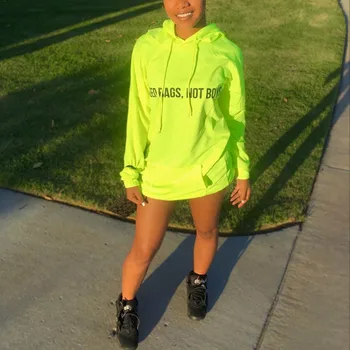 

Harajuku Fashion Women Sweatshirts Letter Printed Pocket Long Sleeve Pullover Hooded Streetwear Fluorescent Green Hoodies Femme
