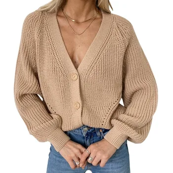 

Autumn New Cardigan Women's Winter 2020 Long Lantern Sleeve Pure Color Oversized Button Knitted Sweater Hollow V-neck Knit
