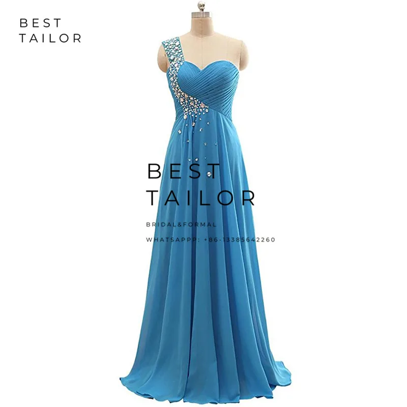 long sleeve prom dresses Blue Prom Dresses 2021 Beads Crrystals One Shoulder Lace Up Long Prom Gowns Turquoise vestido de fiesta largos noche robe soiree ball gown dress Prom Dresses