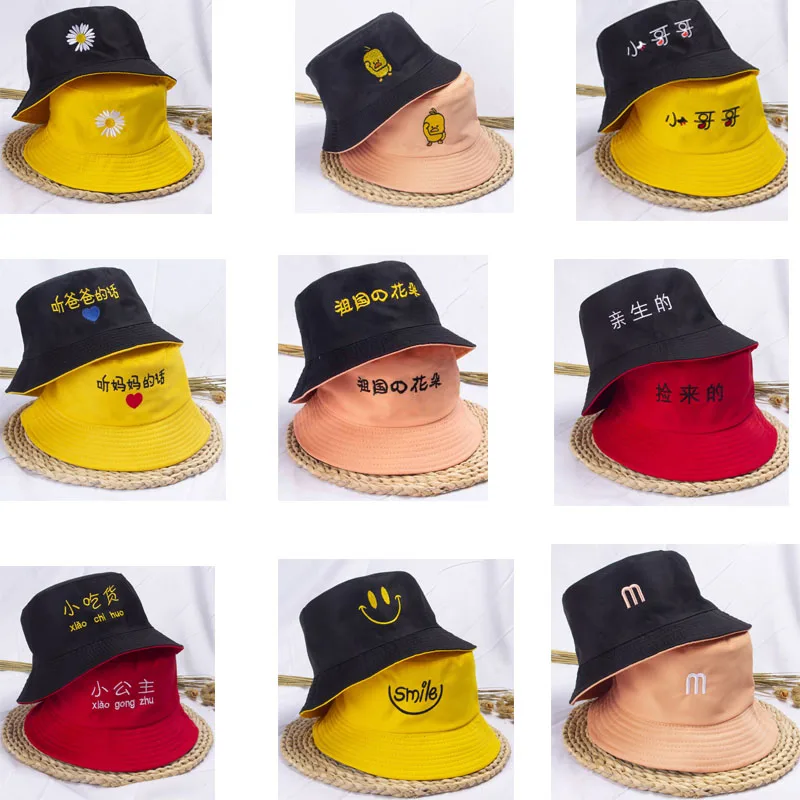 

Kids Summer Double-sided wear Bucket Hat For Girls Boys Letter Embroidery Panama Fold Girls Sun hat Beach Fisherman Hat 3-8Years