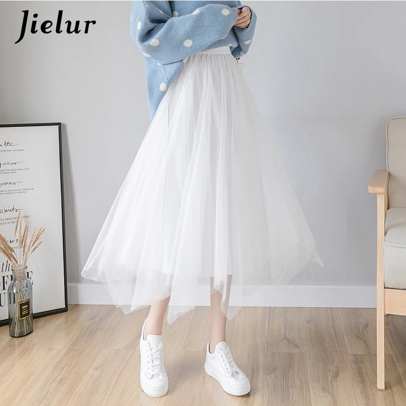

Jielur Korean Women Skirts Fashion Elegant Lady Pleated Skirt Female Chic Gold Velour Mesh Pure Color Black Tulle Faldas S-XL