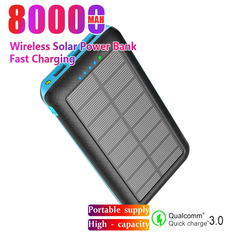 Banco de energía Solar inalámbrico para exteriores, cargador de teléfono portátil Qi de 80000mAh, 3 USB, para Xiaomi, Samsung, Iphone