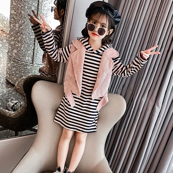 

2 Pieces Big Girls Clothes Set 2020 New Autumn Fashion Baby Kids Vest Coats And Hooded Dress Children's Girl Clothing Set Spring