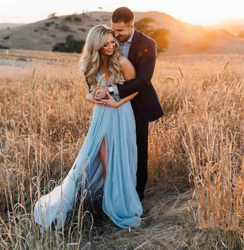 Simple Beach Chiffon A-Line Wedding Dresses 2020 Sexy Boho Backless Thigh Split Spaghetti Straps Appliques Bride Wedding Dress  (2)