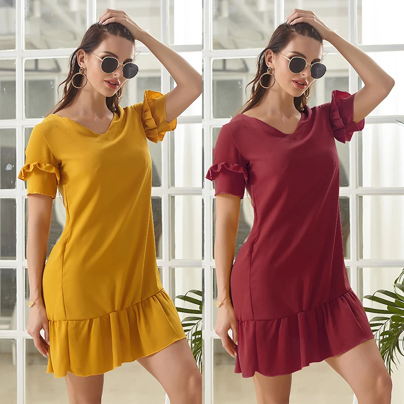 

WHWEIMENG Summer New Style Short-Sleeved Sweet Red Yellow Dress Women Pleated Skirt Ruffled V-Neck Red Yellow Women Mini Skirt