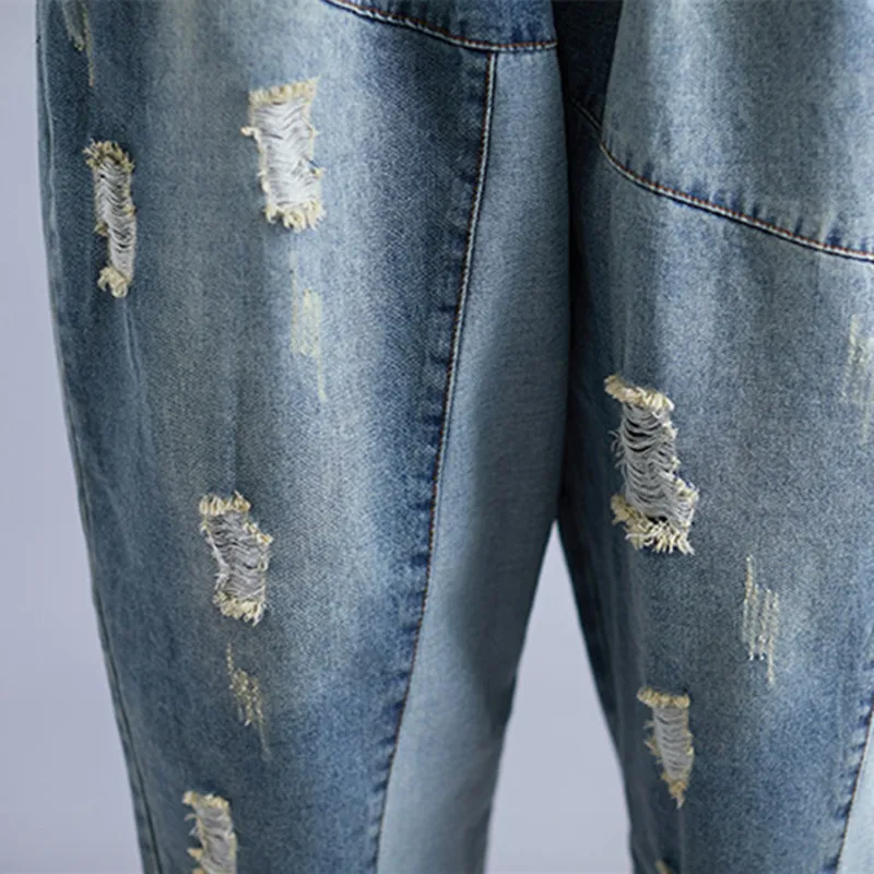 Johnature осенние винтажные рваные джинсы для женщин Новые повседневные свободные штаны-шаровары с эластичной талией корейские удобные джинсовые штаны