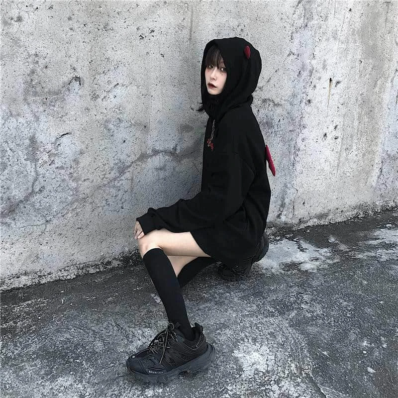 Spring Autumn Women Sweatshirts High Street Harajuku Cute Hoodies Punk Gothic Devil Horn Chic Hooded Pullover Loose Sweat CA6865