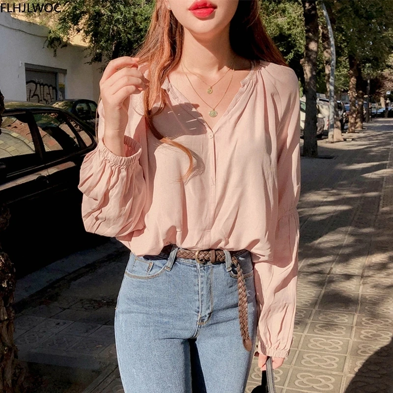 Blusa de manga larga con botones para mujer, camisa con botones, color rosa blanco, moda coreana|Blusas y camisas| - AliExpress