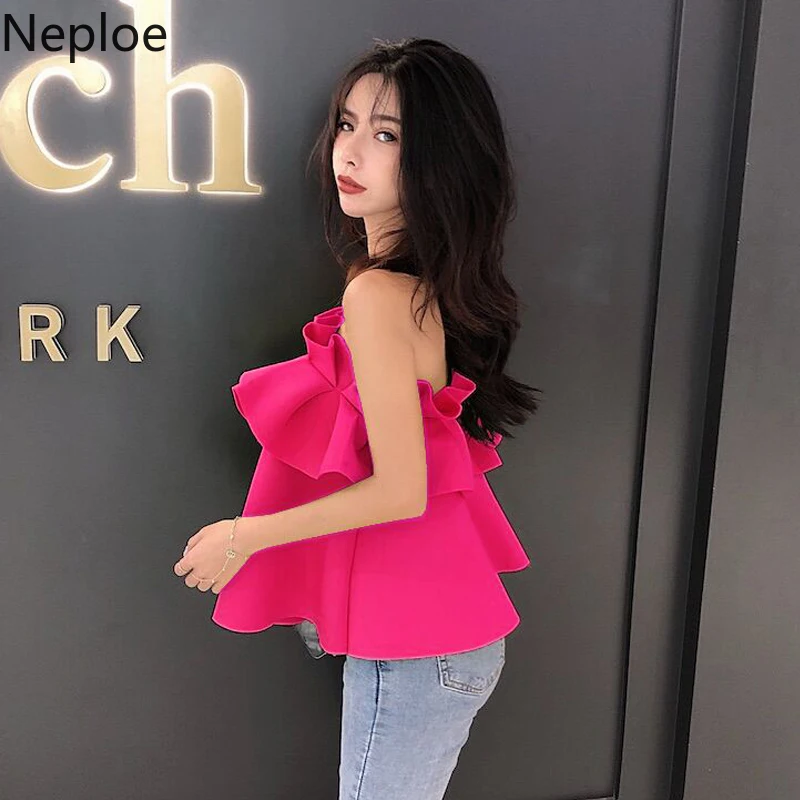 Neploe без бретелек женские блузы Tops Летние туфли на танкетке и с отделкой по краю