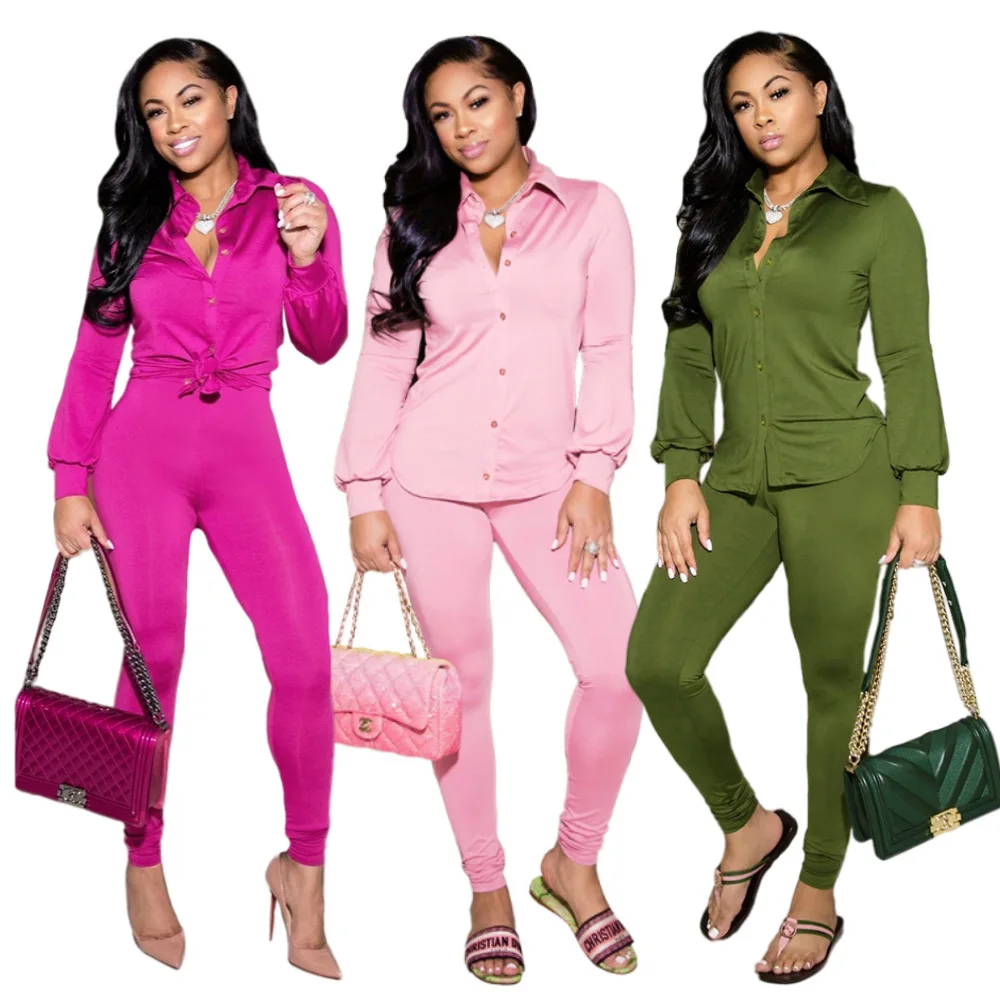 2021 Two Piece Set Women Flowing Shirt & Pants Elastic Waist Fashion Casual Cozy Women Outfits